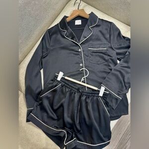 Le Rose Stories Black Satin Pajama Set White Trim XS